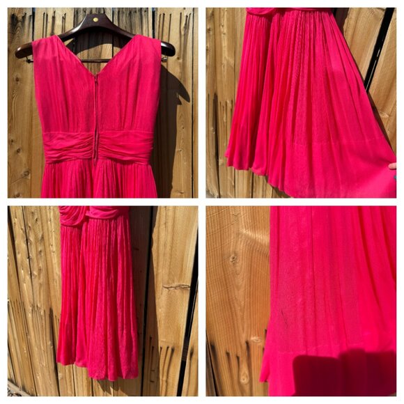 Vintage 60s Dress Fit Flare Chiffon Hot Pink Fuchsia Sleeveless V Neck Size M/L - Picture 11 of 12